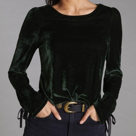 Anthropologie, New Hunter Green Velvet Lace-up Open Back Shirt Top Size Large - Picture 3 of 13